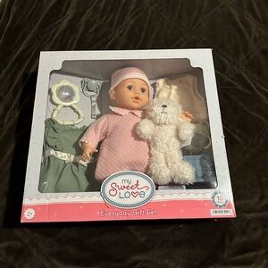 Sweet Love Pink Baby Doll with White Teddy and Green Outfit & extra accessories